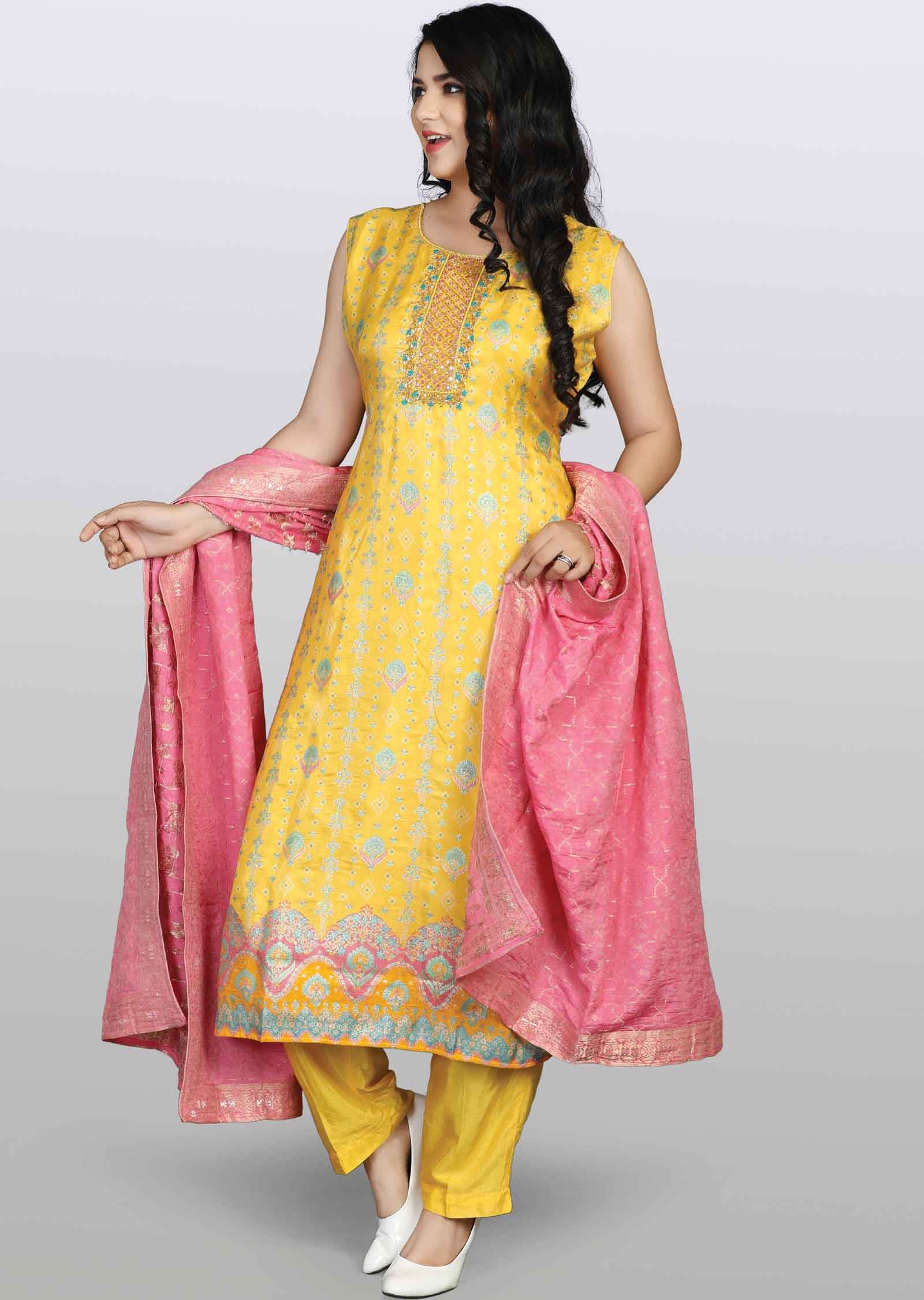 Yellow Banaras Straight cut suit