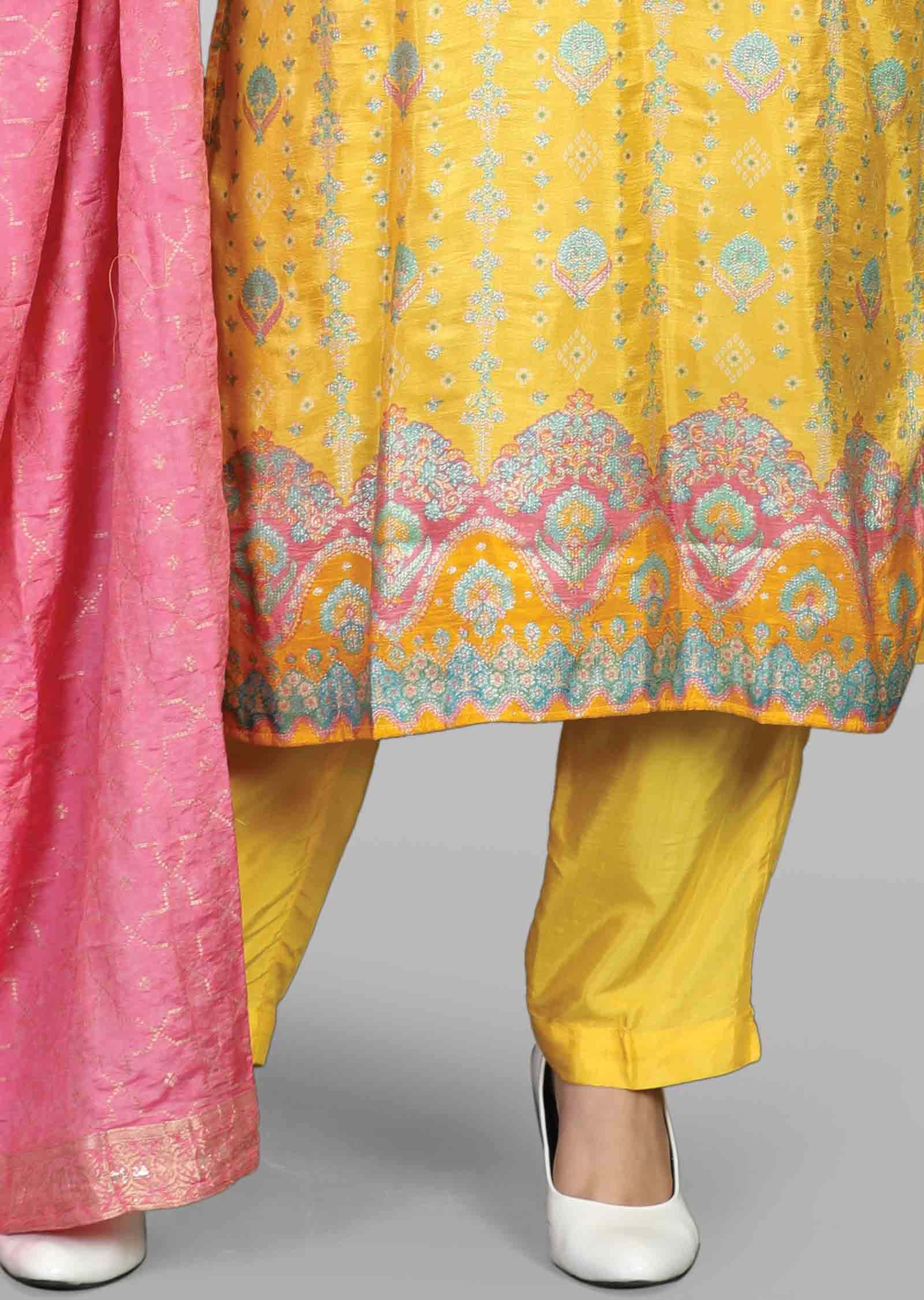 Yellow Banaras Straight cut suit