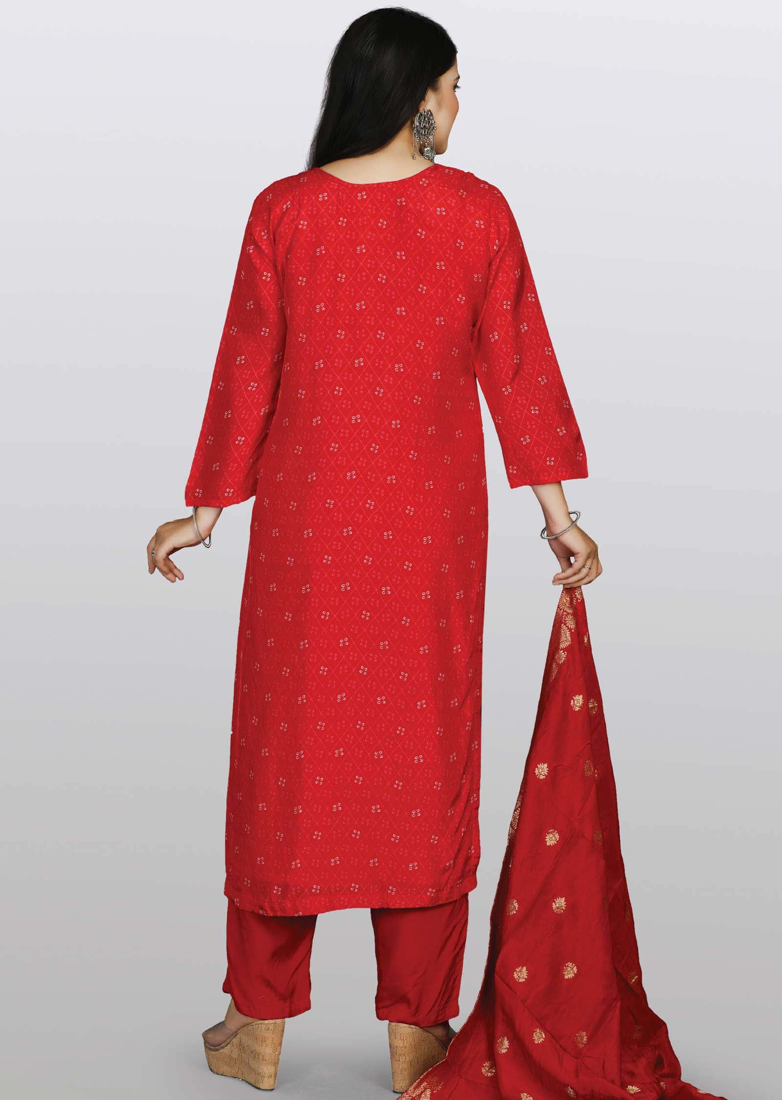 Red Banaras Straight cut suit