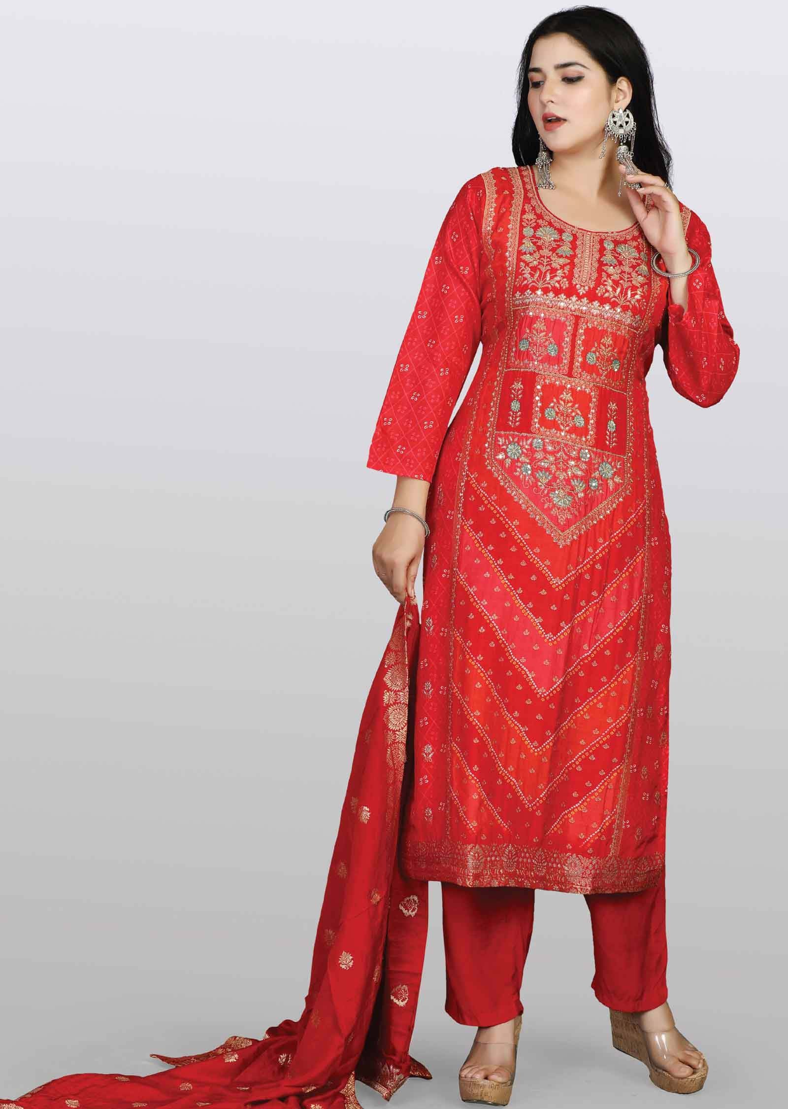 Red Banaras Sequins Straight cut suits
