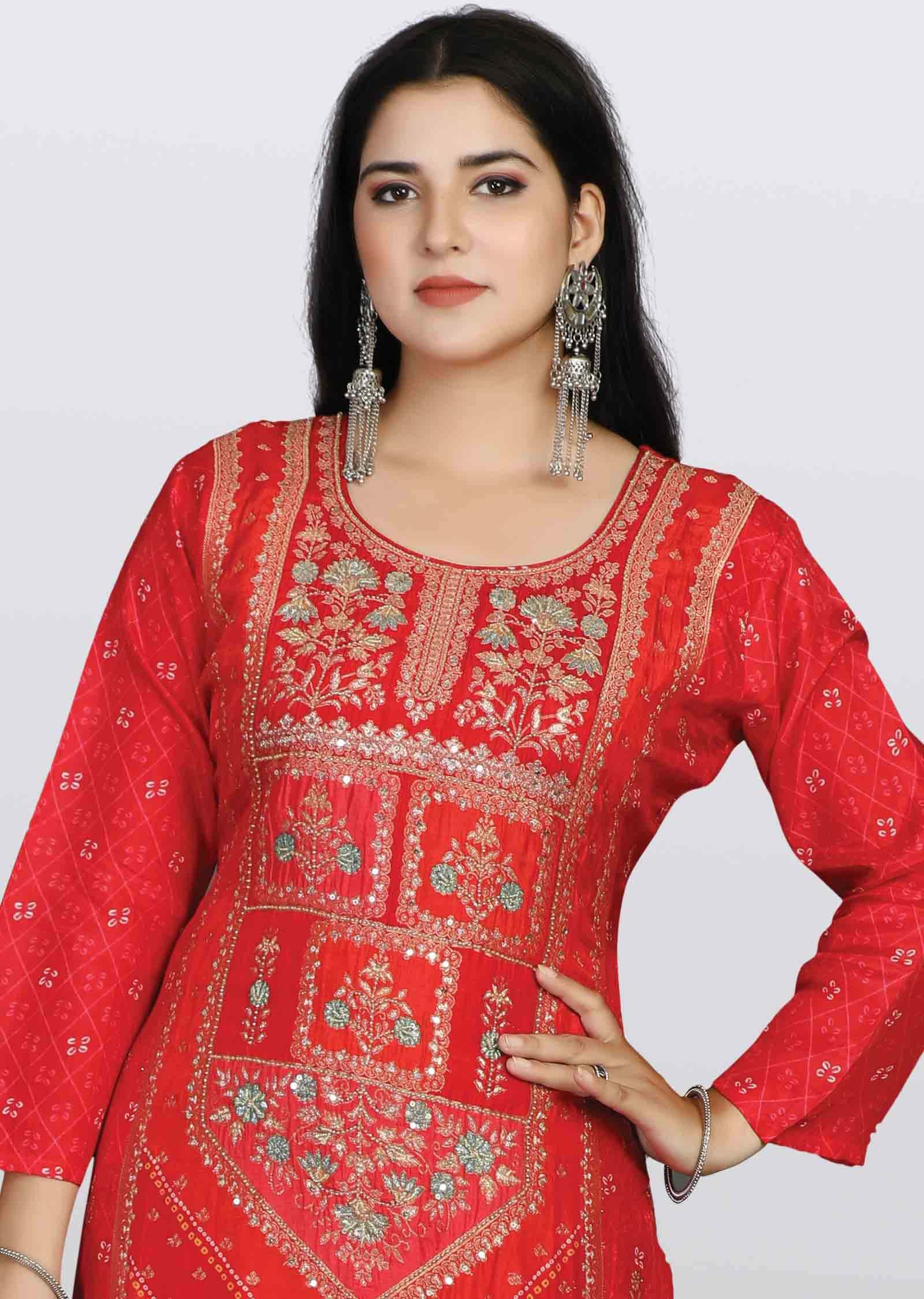 Red Banaras Sequins Straight cut suits
