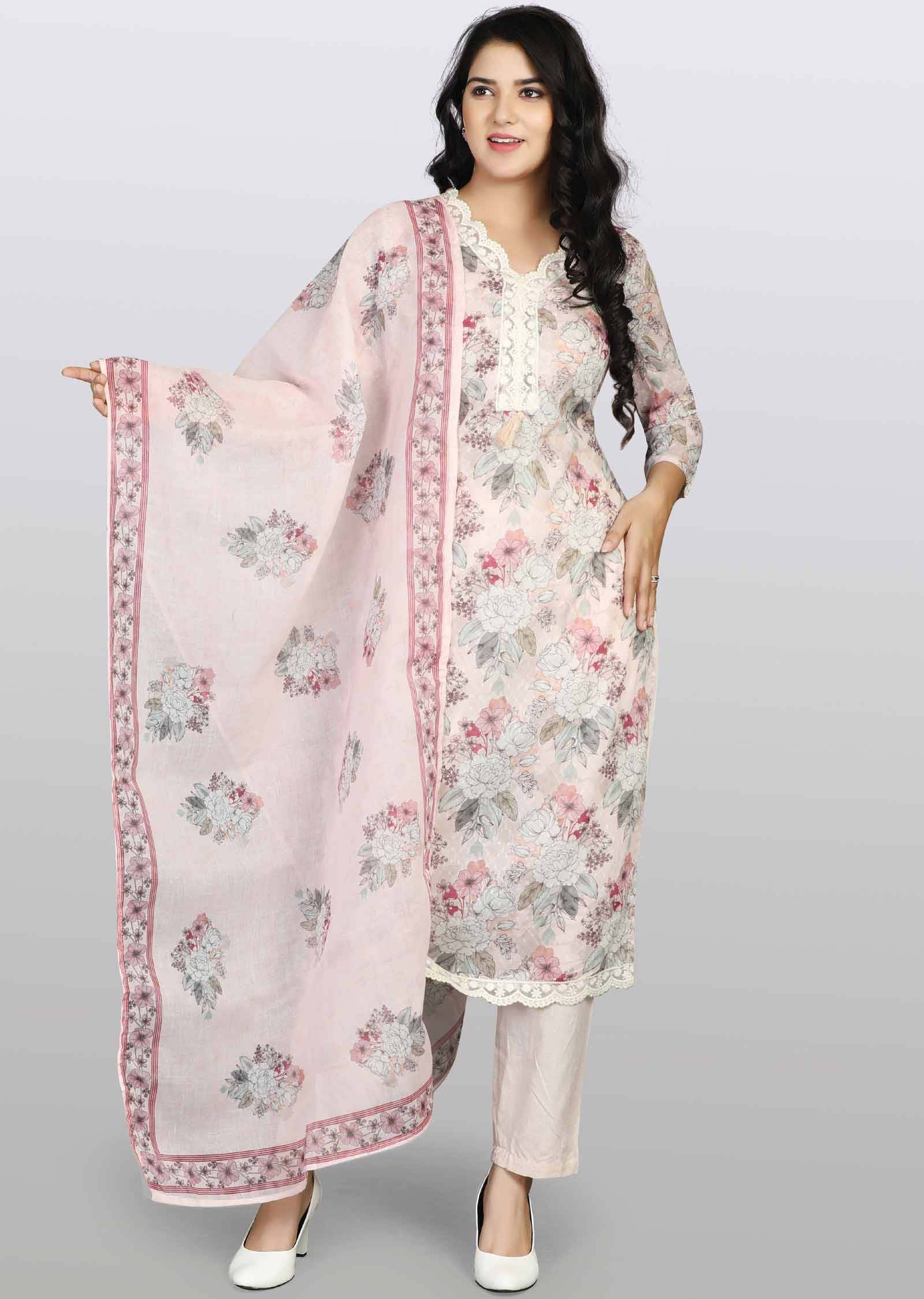 Dusty Peach Cotton Printed Straight cut suits