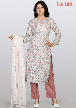 Light Beige Linen Cotton Printed Straight cut suits