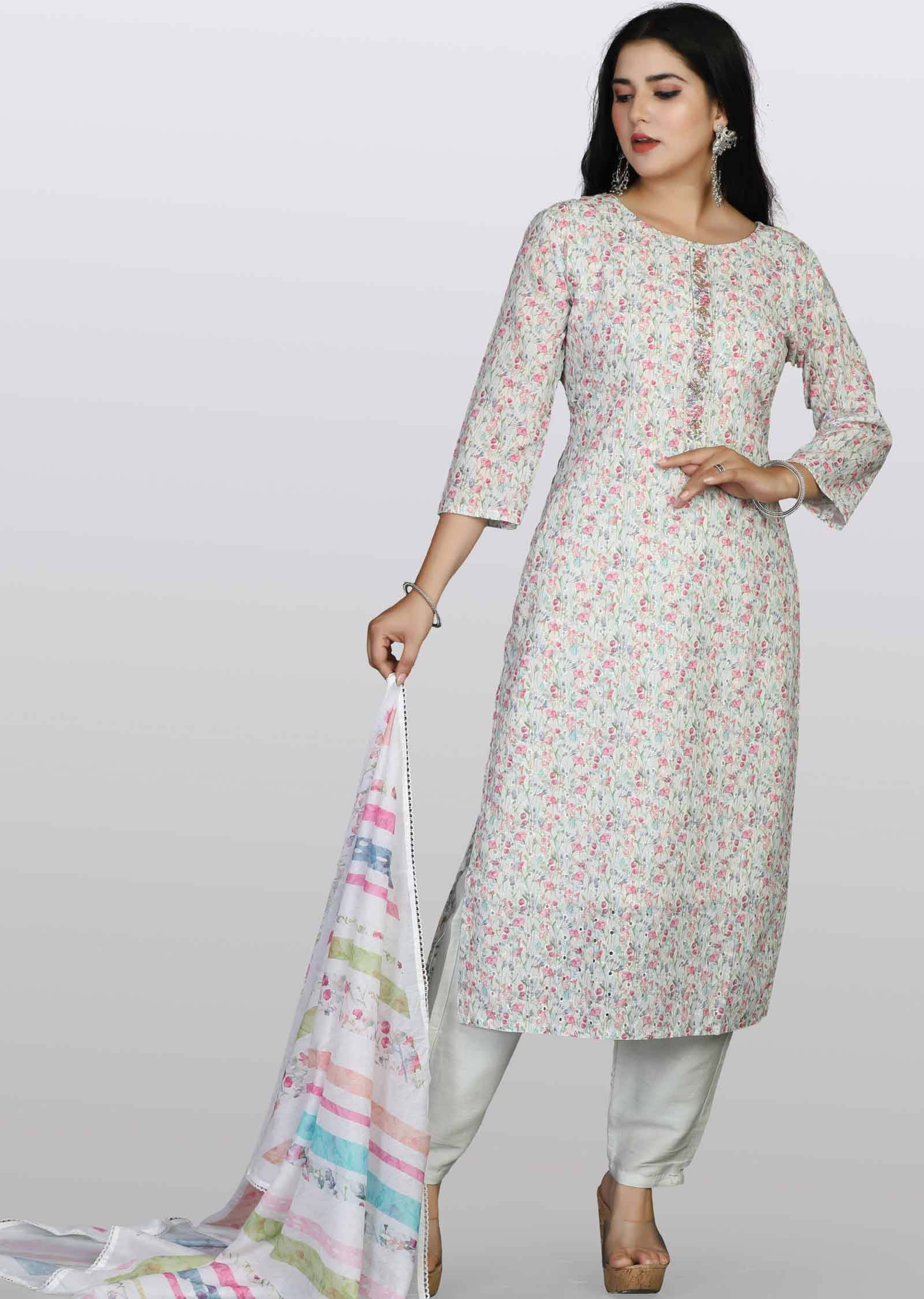 Off White Schiffli cotton Embroidered Straight cut suits