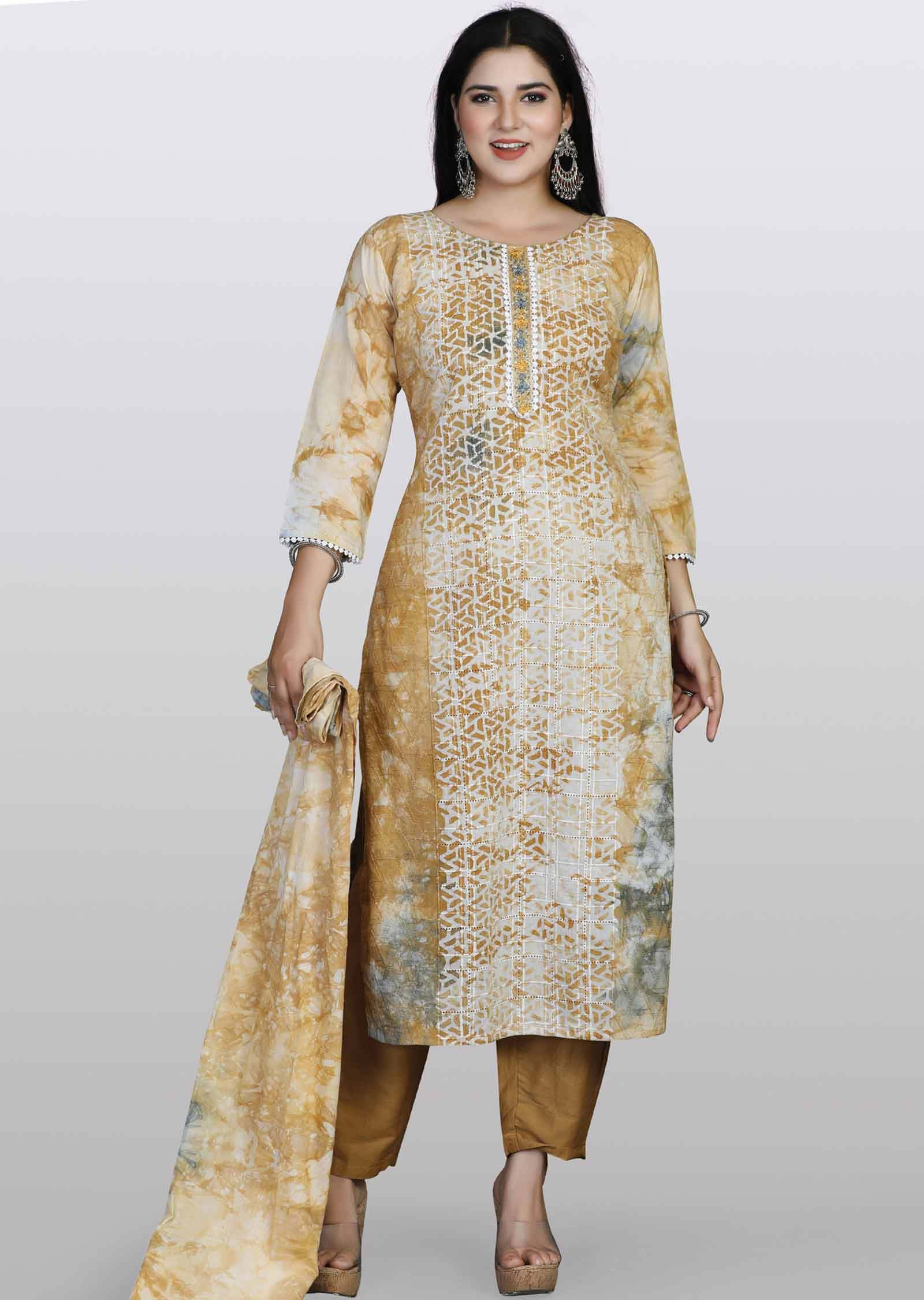 Light Brown Schiffli cotton Embroidered Straight cut suits