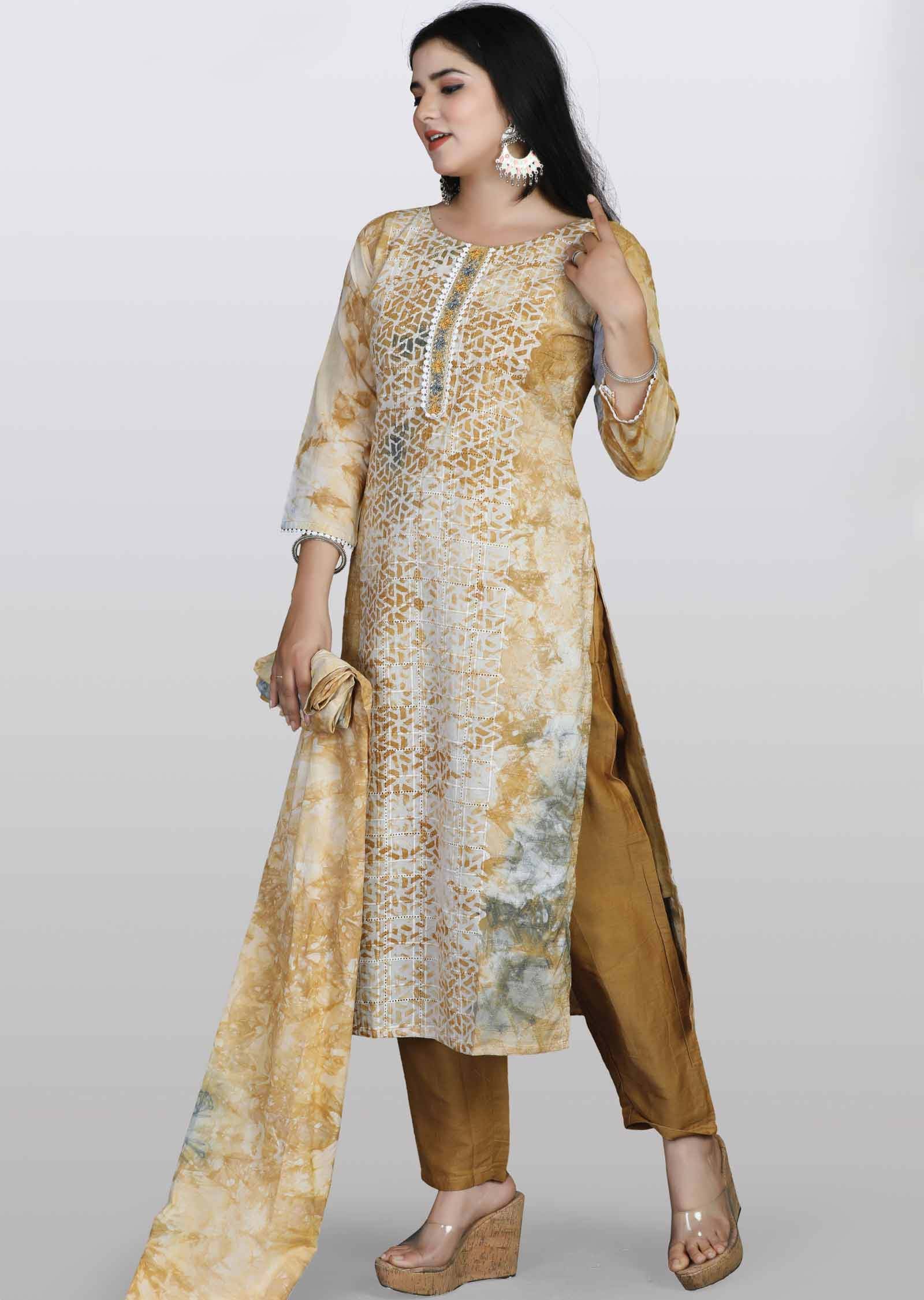 Light Brown Schiffli cotton Embroidered Straight cut suits