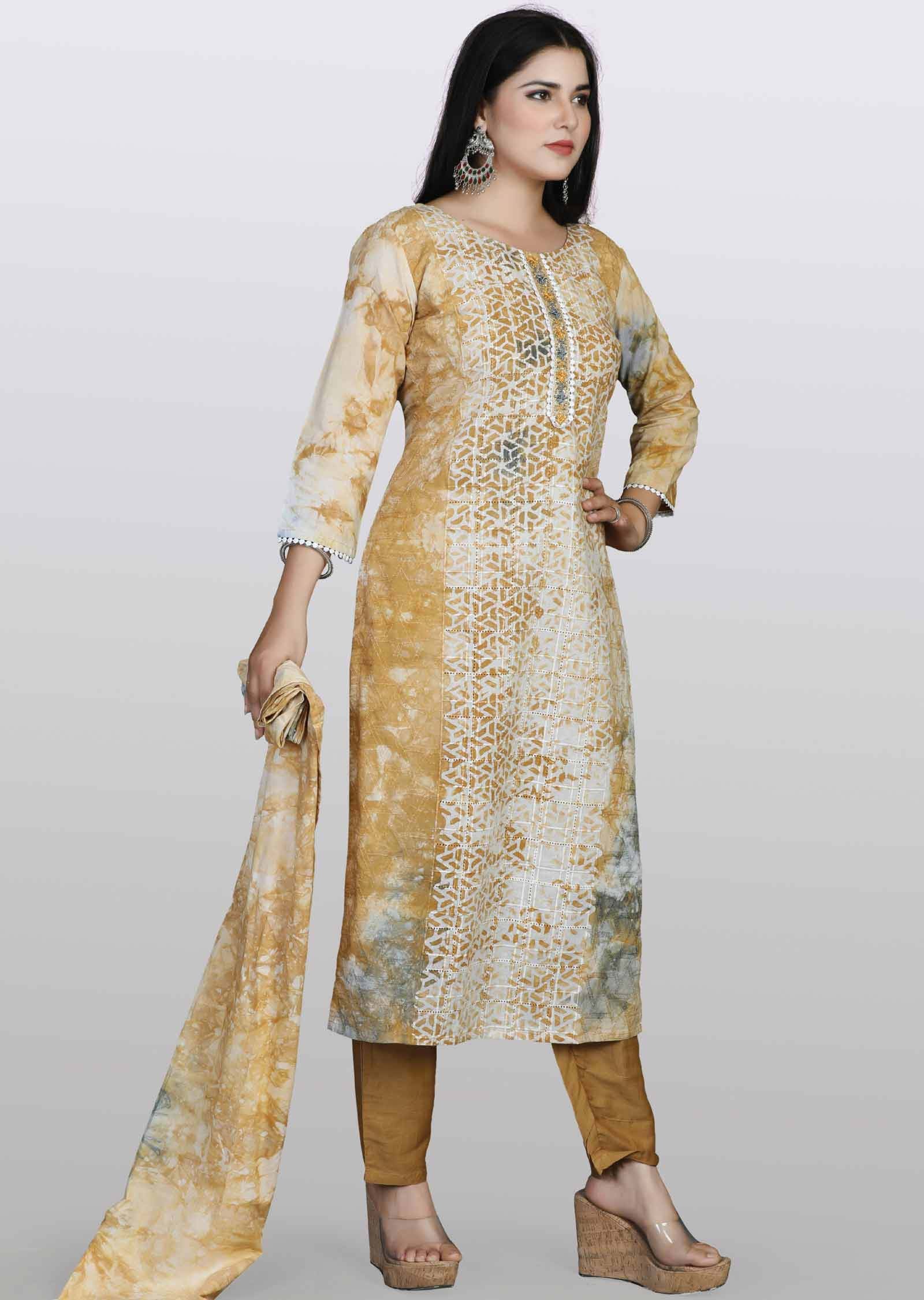 Light Brown Schiffli cotton Embroidered Straight cut suits