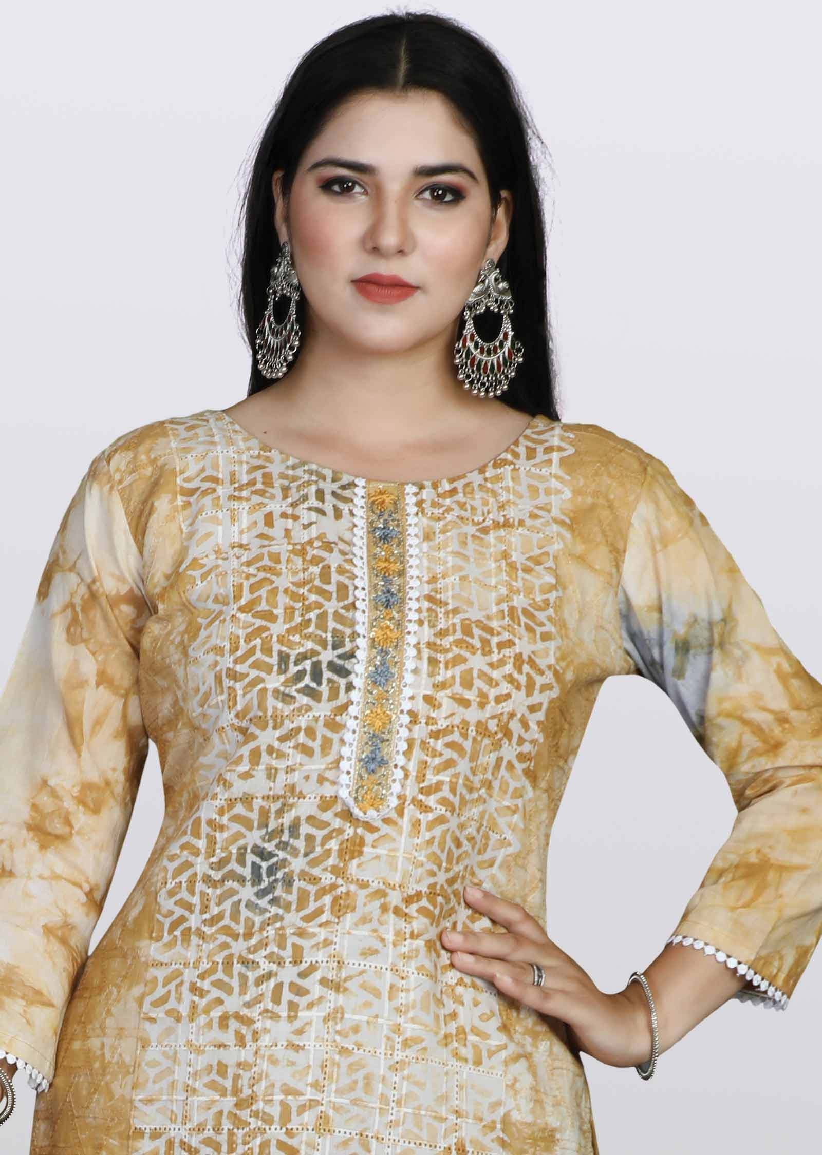 Light Brown Schiffli cotton Embroidered Straight cut suits