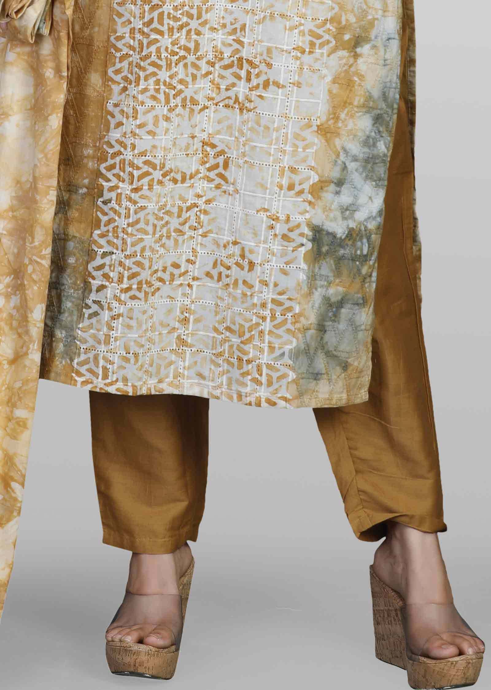 Light Brown Schiffli cotton Embroidered Straight cut suits