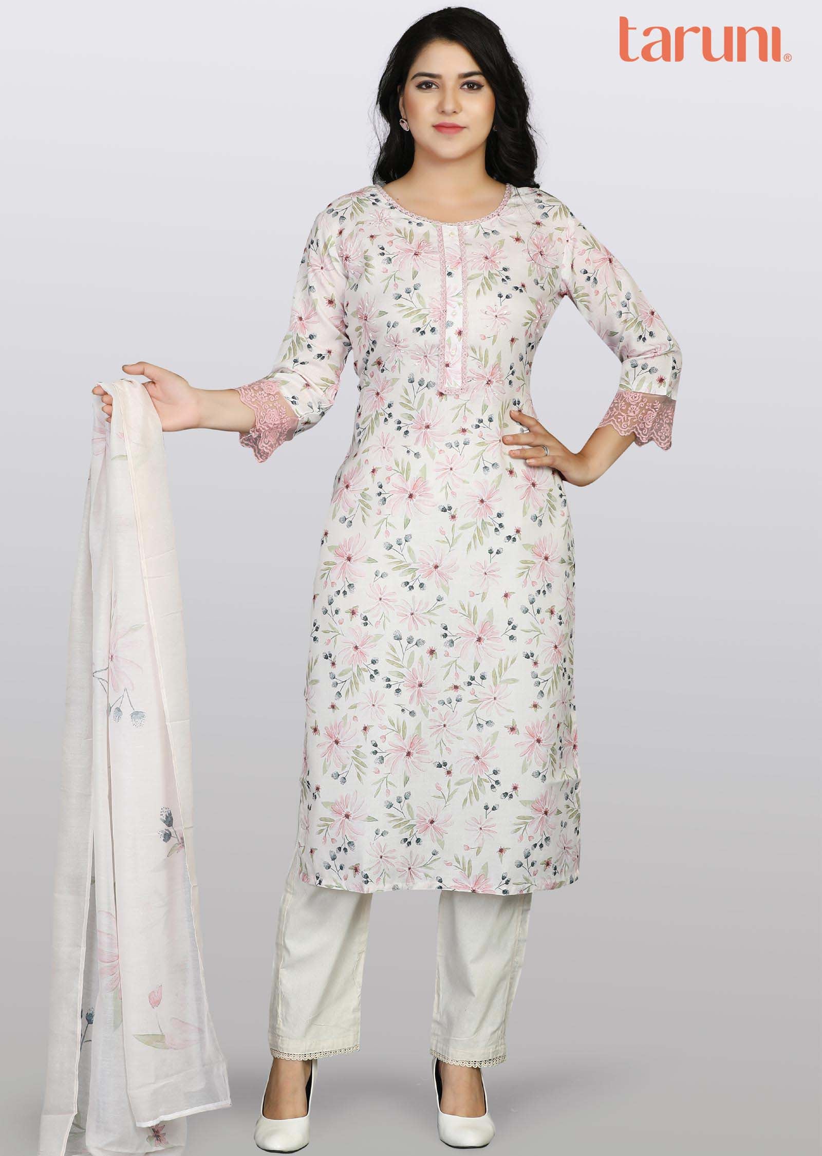Light Beige Linen Cotton Embroidered Straight cut suits