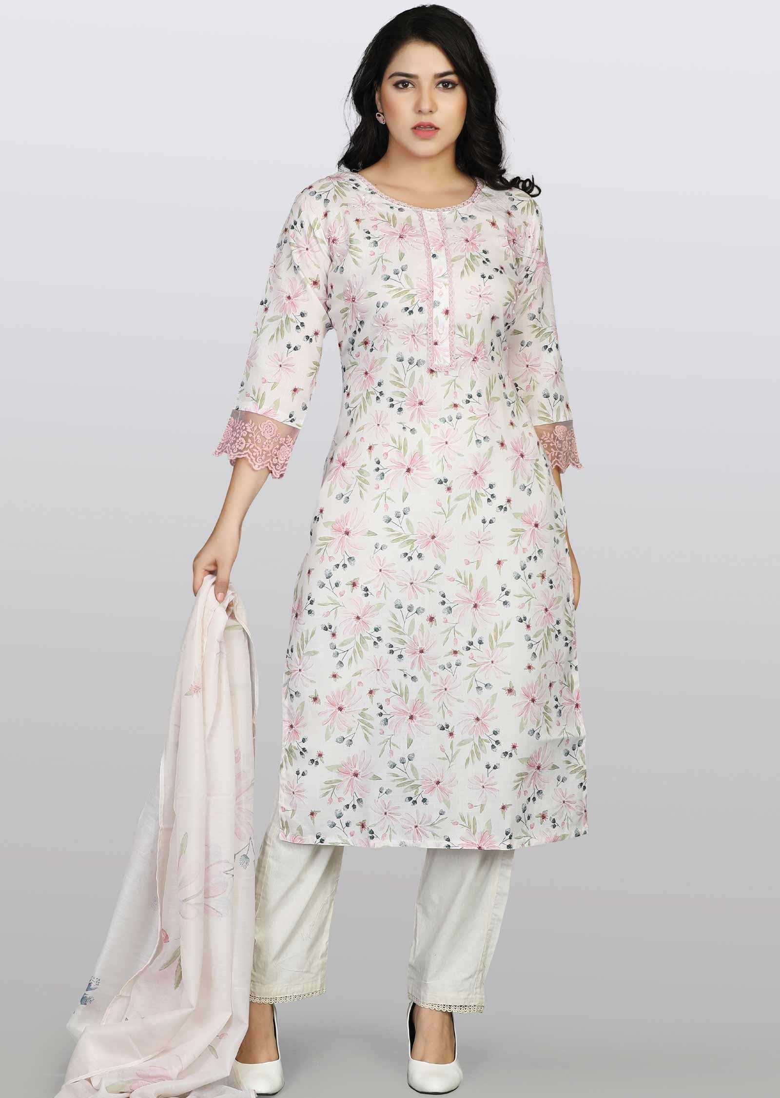 Light Beige Linen Cotton Embroidered Straight cut suits