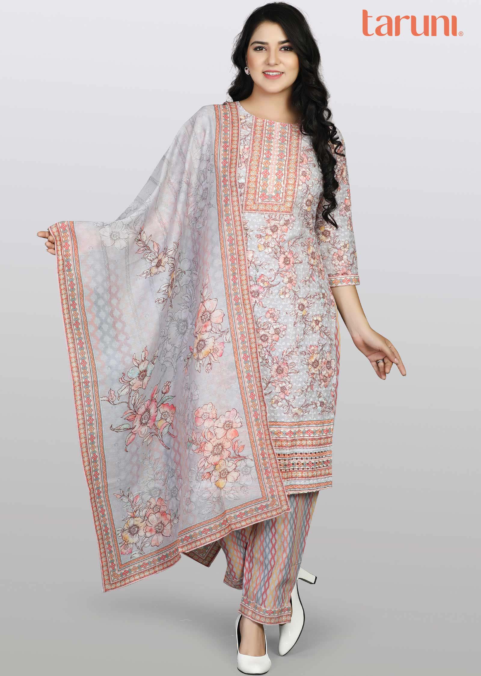 Light Grey Schiffli cotton Printed Straight cut suits