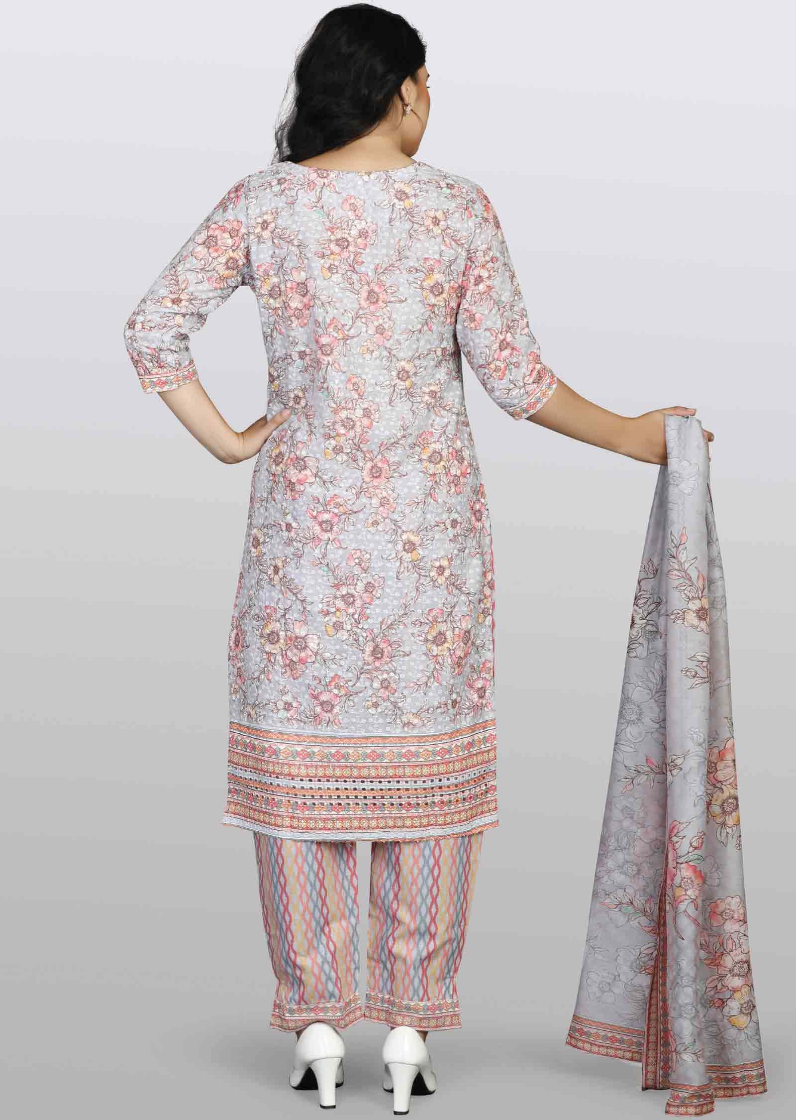 Light Grey Schiffli cotton Printed Straight cut suits