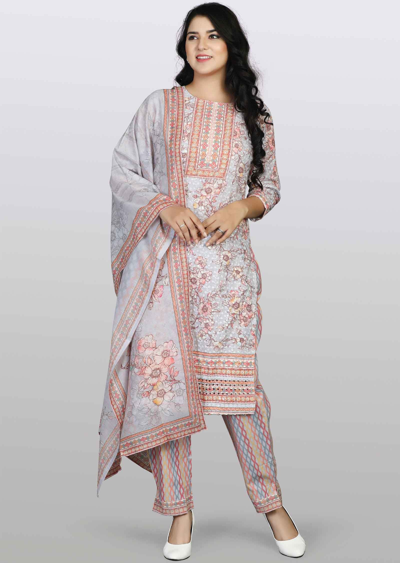 Light Grey Schiffli cotton Printed Straight cut suits