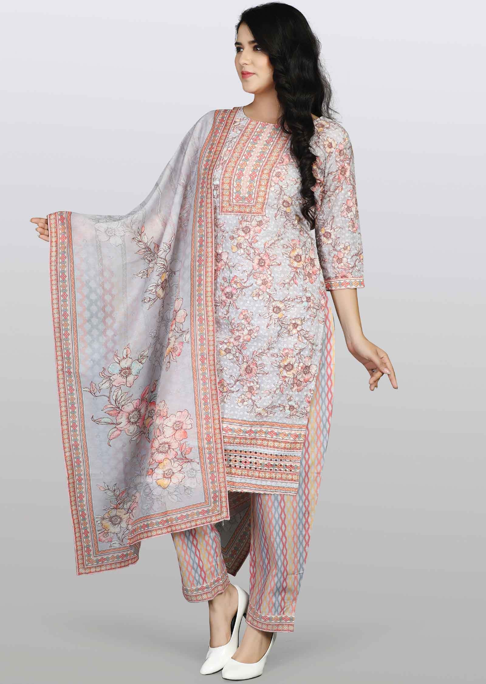 Light Grey Schiffli cotton Printed Straight cut suits