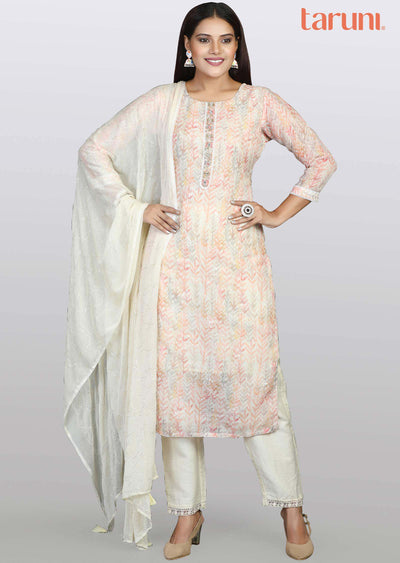 Beige Lenin Cotton Embroidered Straight cut suits