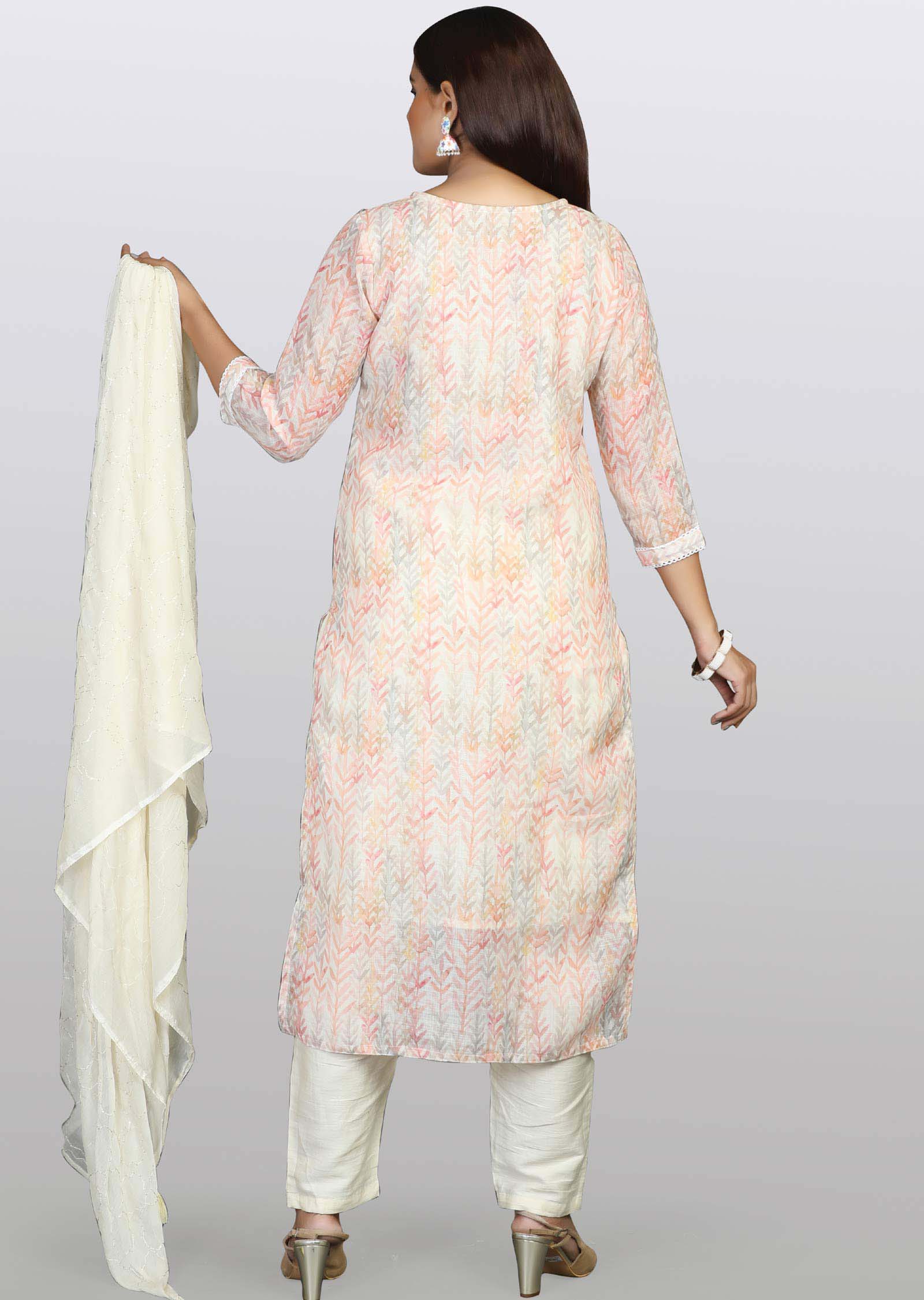 Beige Linen Cotton Embroidered Straight cut suits