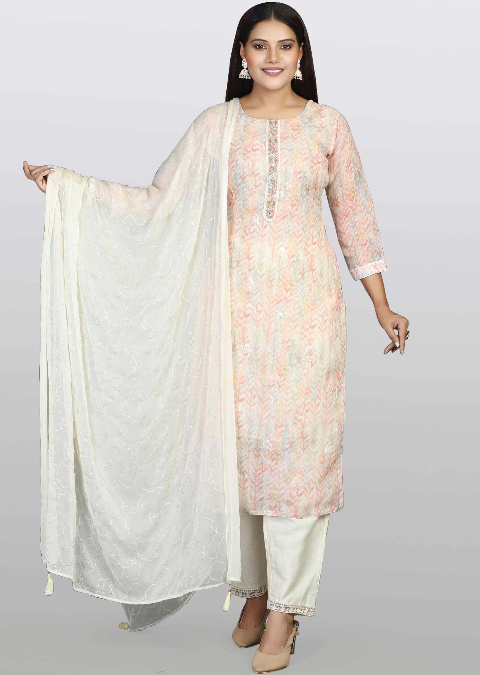 Beige Linen Cotton Embroidered Straight cut suits