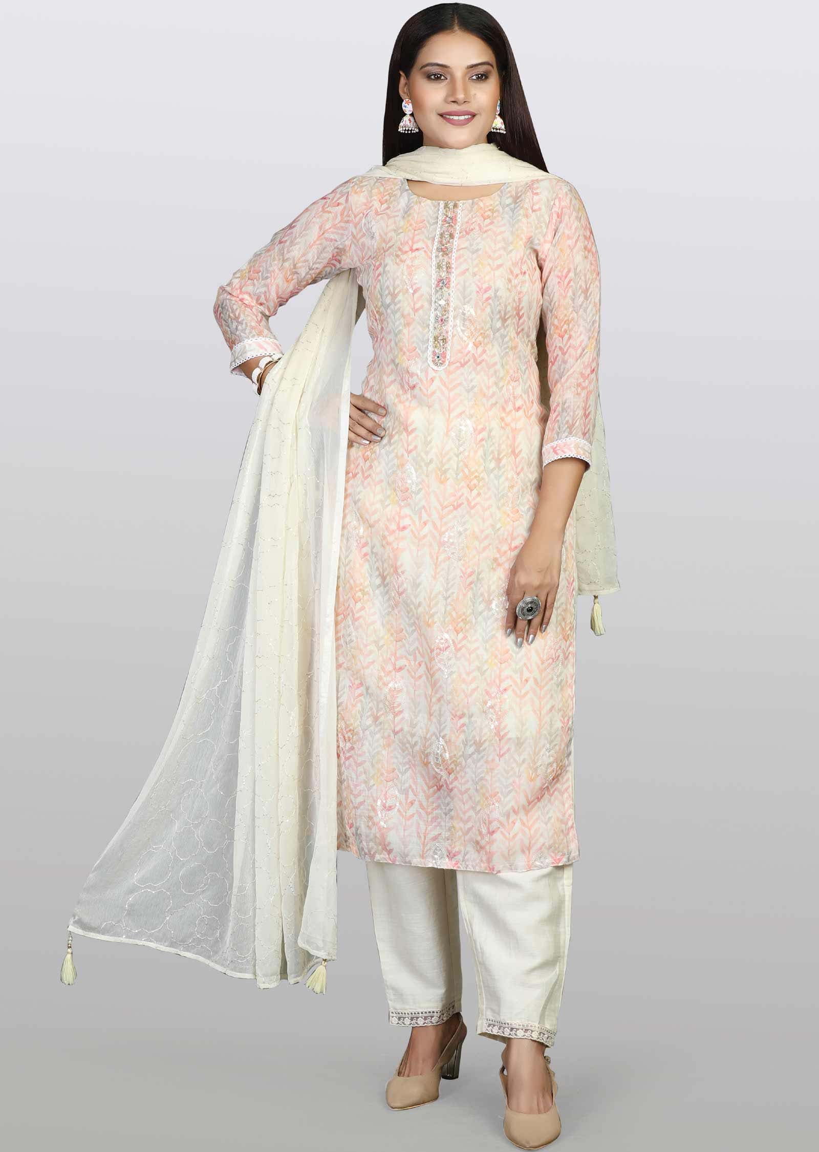 Beige Linen Cotton Embroidered Straight cut suits