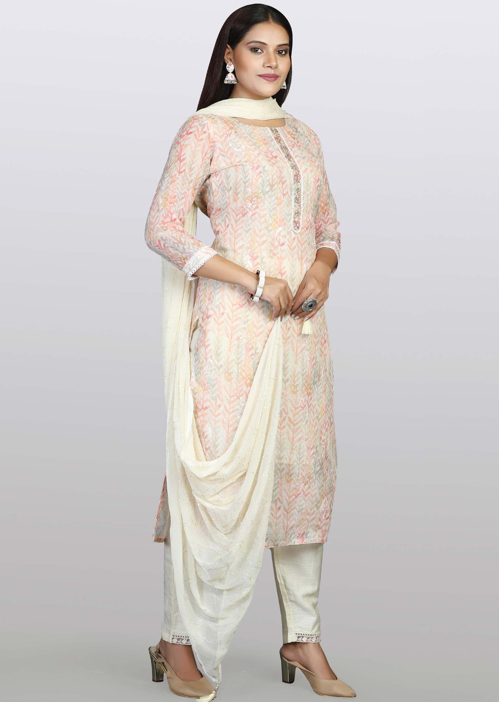 Beige Linen Cotton Embroidered Straight cut suits