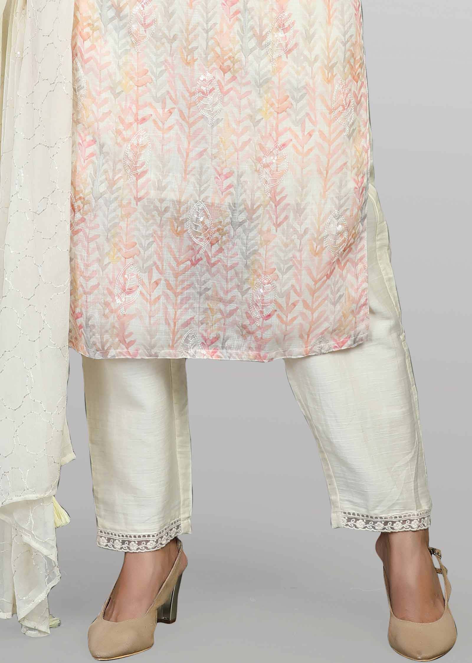 Beige Linen Cotton Embroidered Straight cut suits