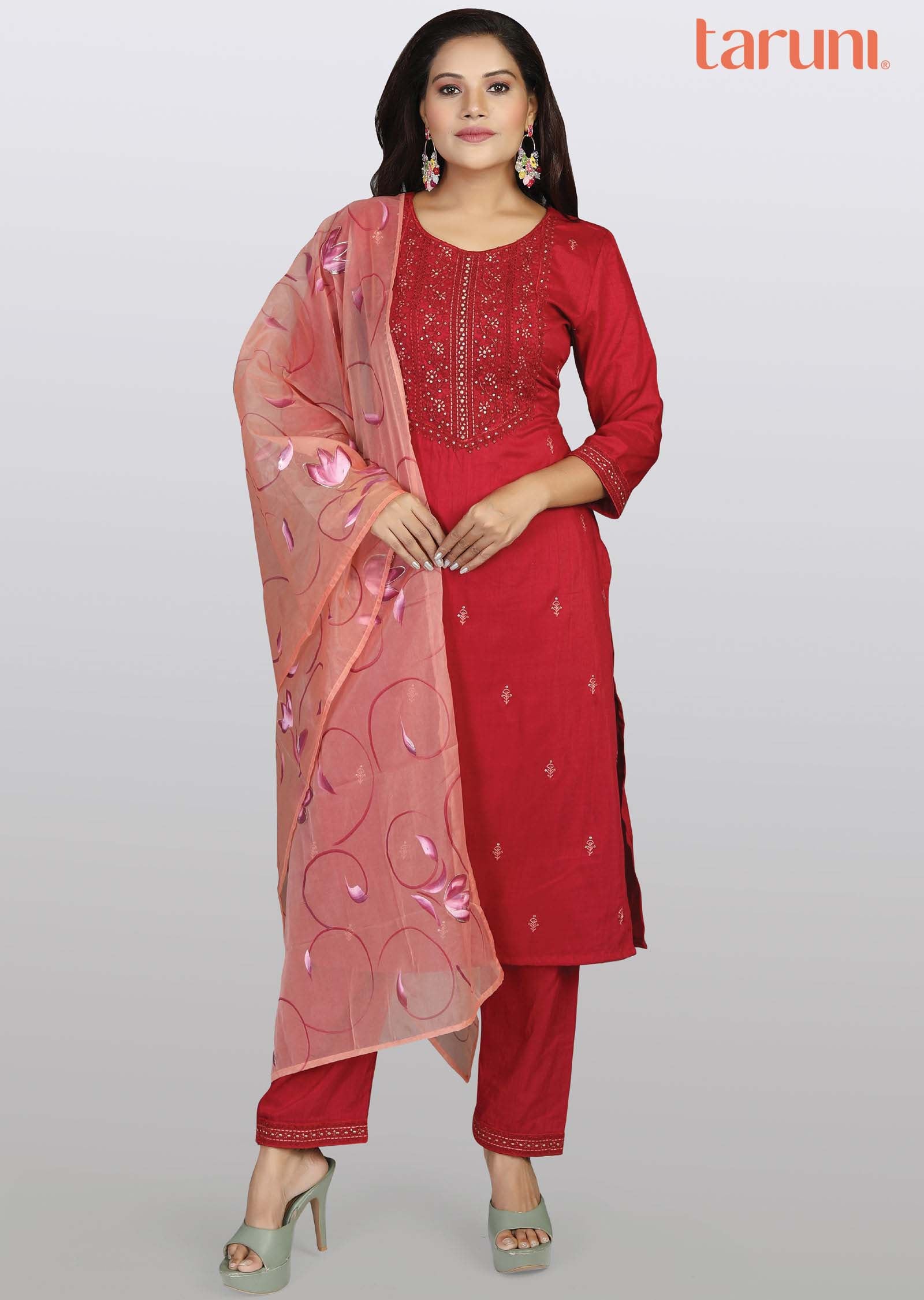 Maroon Chanderi Embroidered Straight cut suits