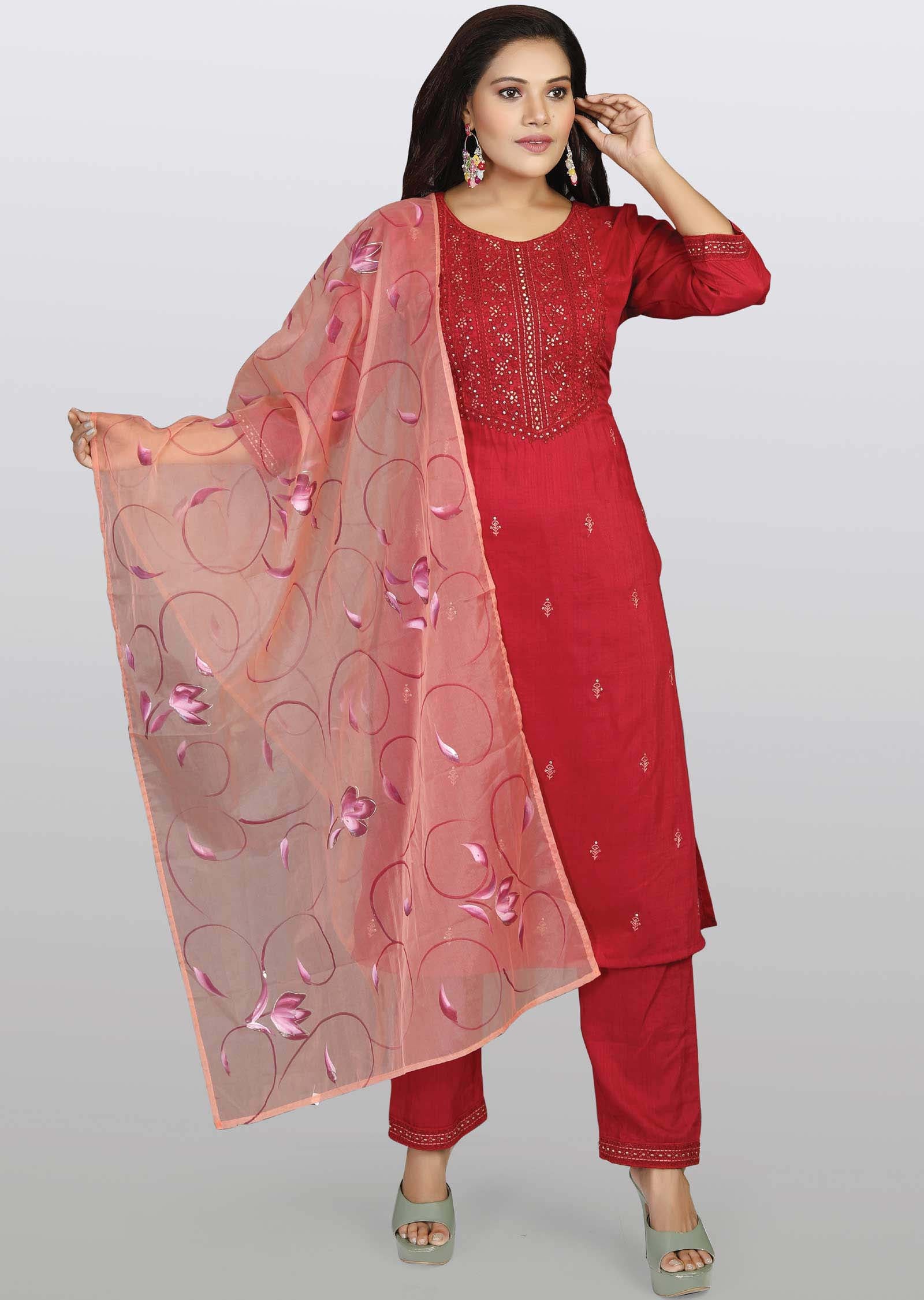 Maroon Chanderi Embroidered Straight cut suits