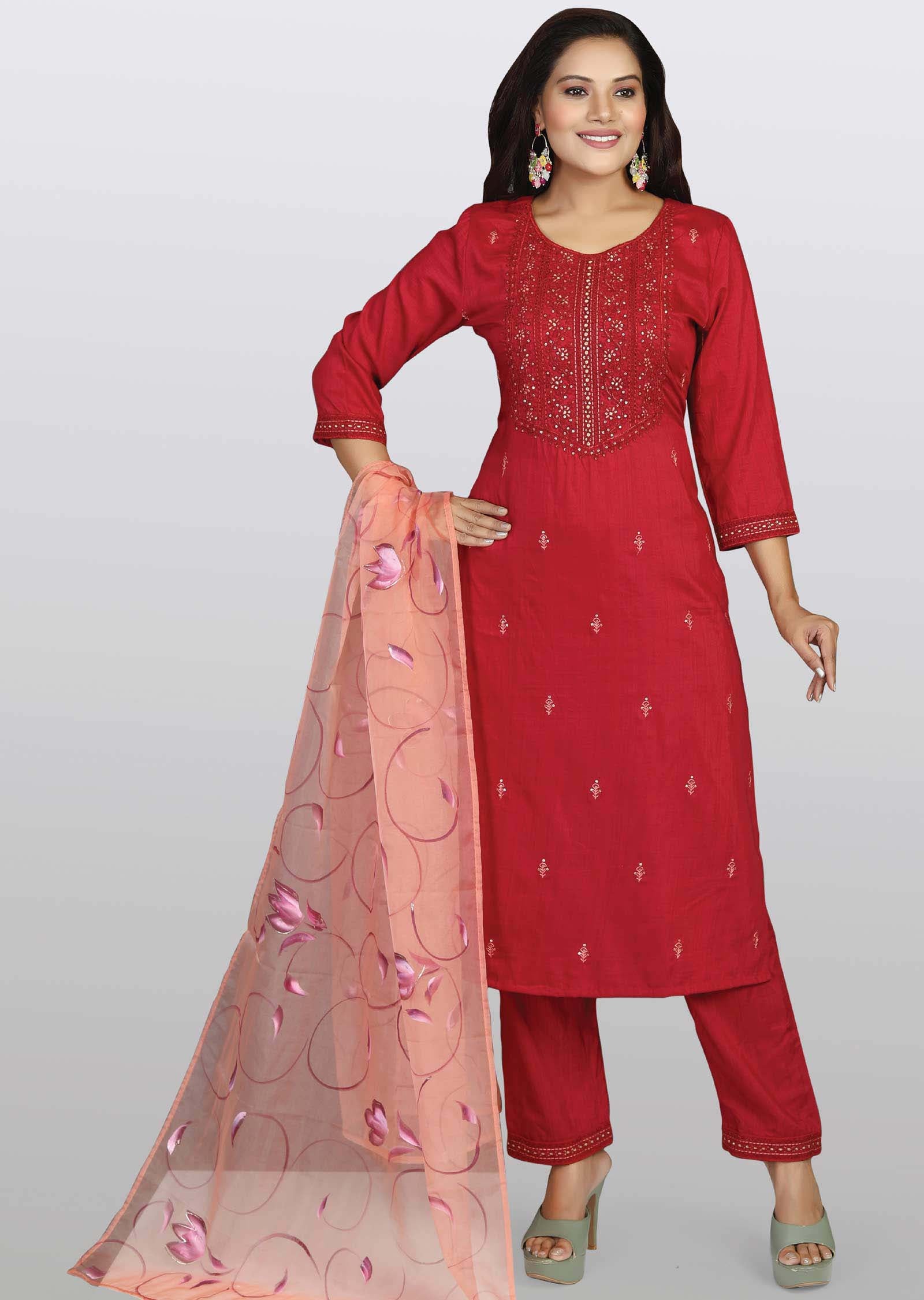 Maroon Chanderi Embroidered Straight cut suits