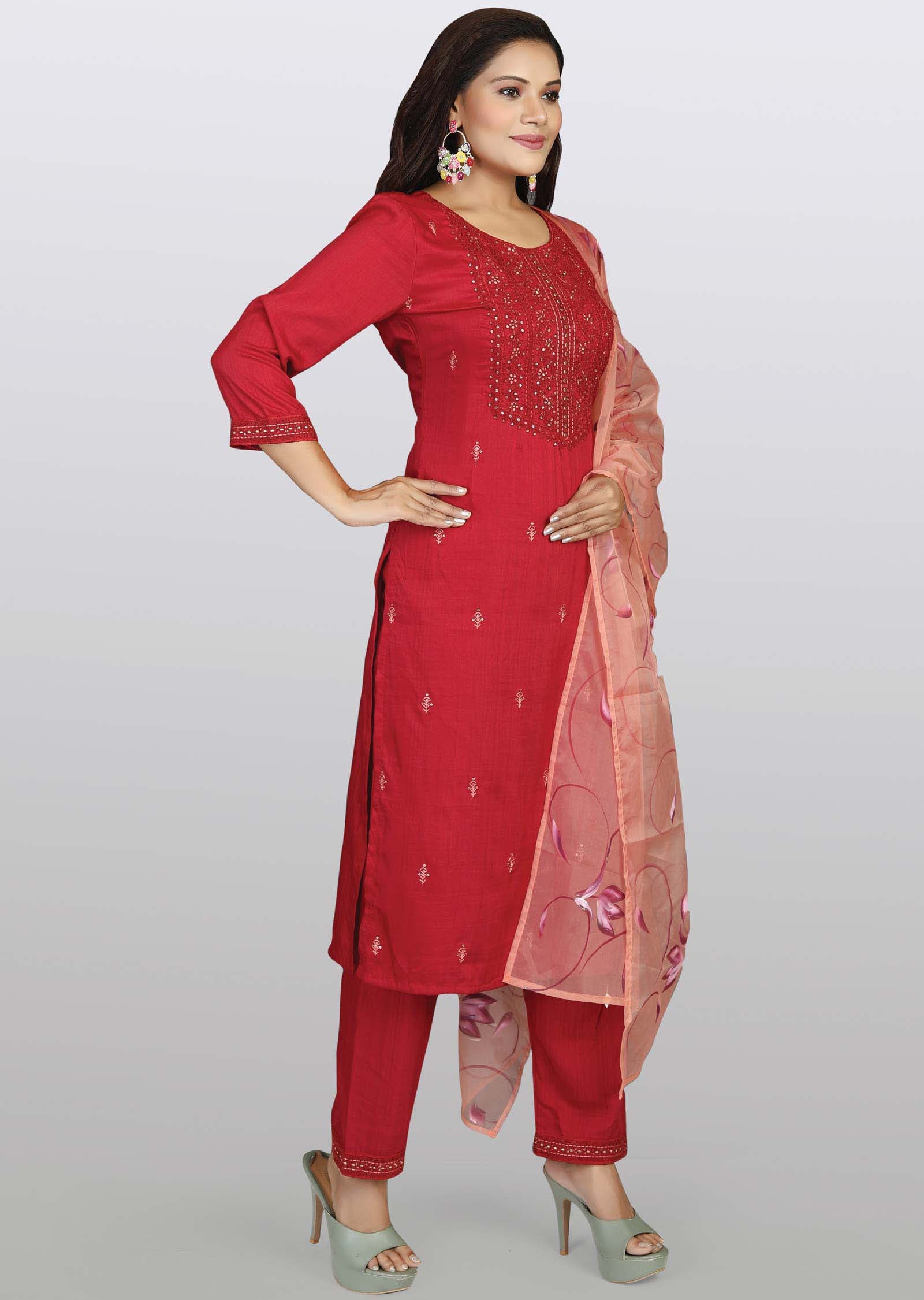 Maroon Chanderi Embroidered Straight cut suits