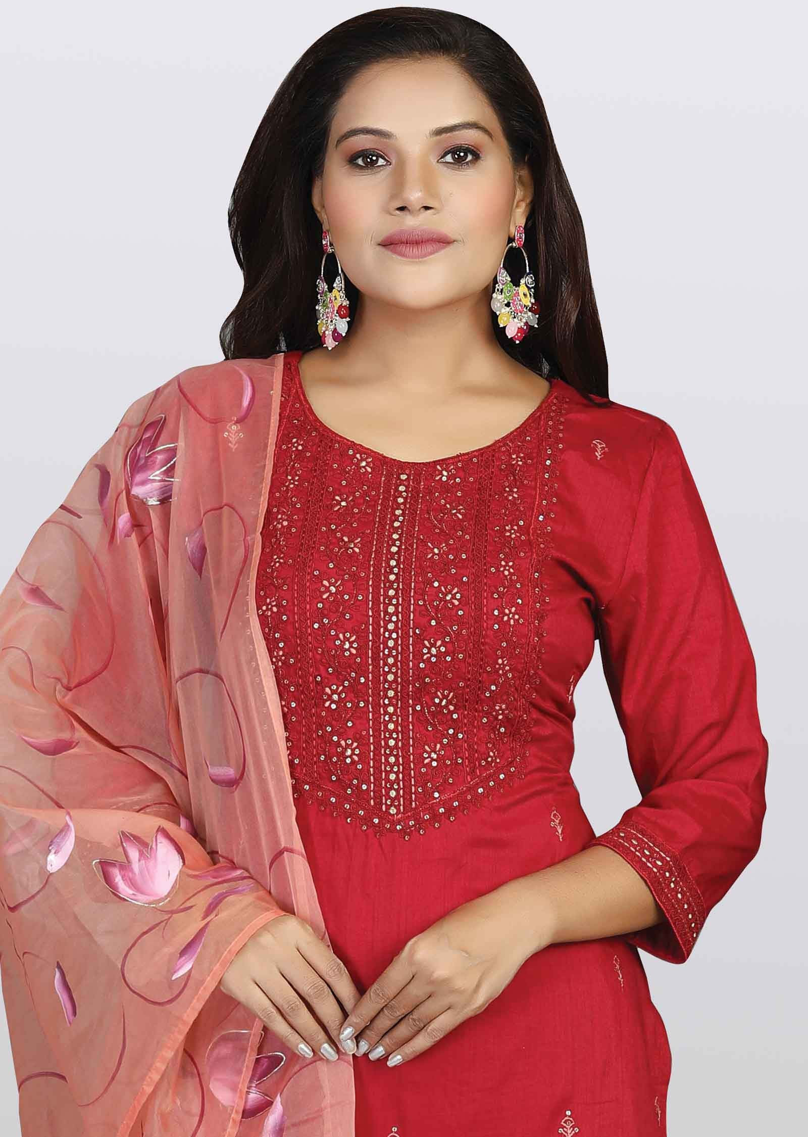 Maroon Chanderi Embroidered Straight cut suits