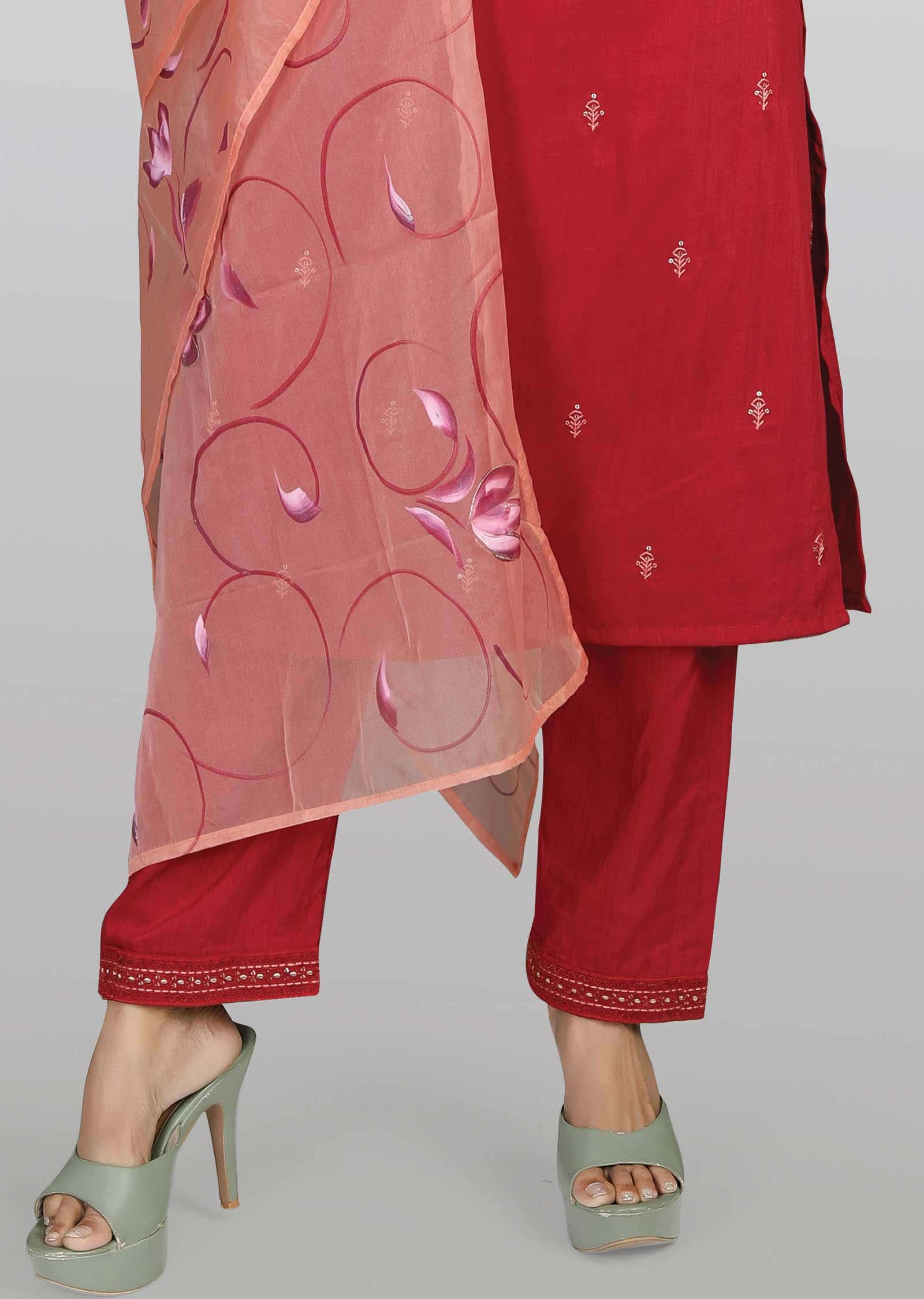 Maroon Chanderi Embroidered Straight cut suits