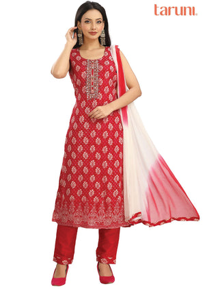 Pinkish Red Chinnon Printed Straight cut suits