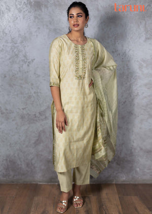 Pista Green Silk Printed Straight cut suits