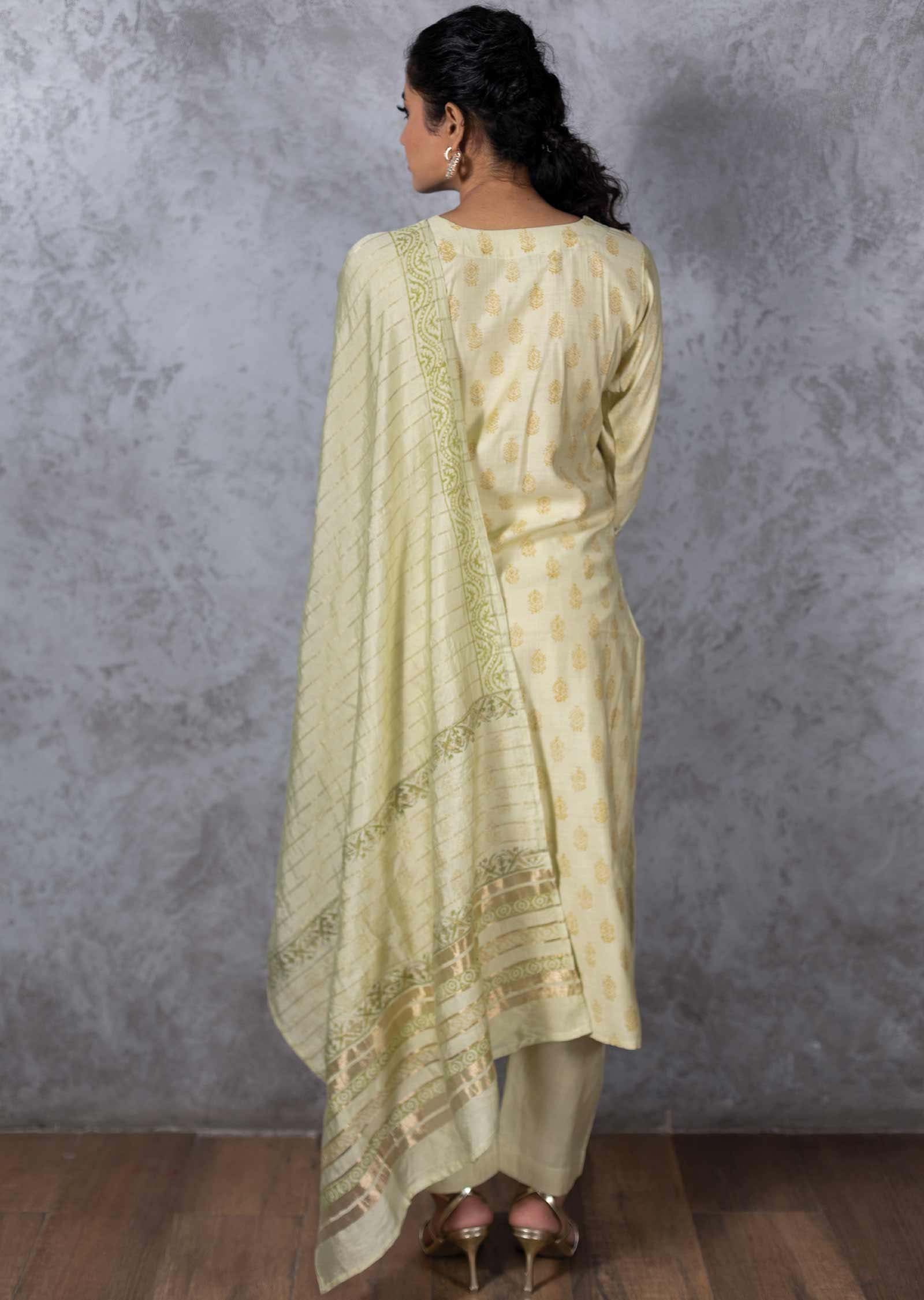 Pista Green Silk Printed Straight cut suits