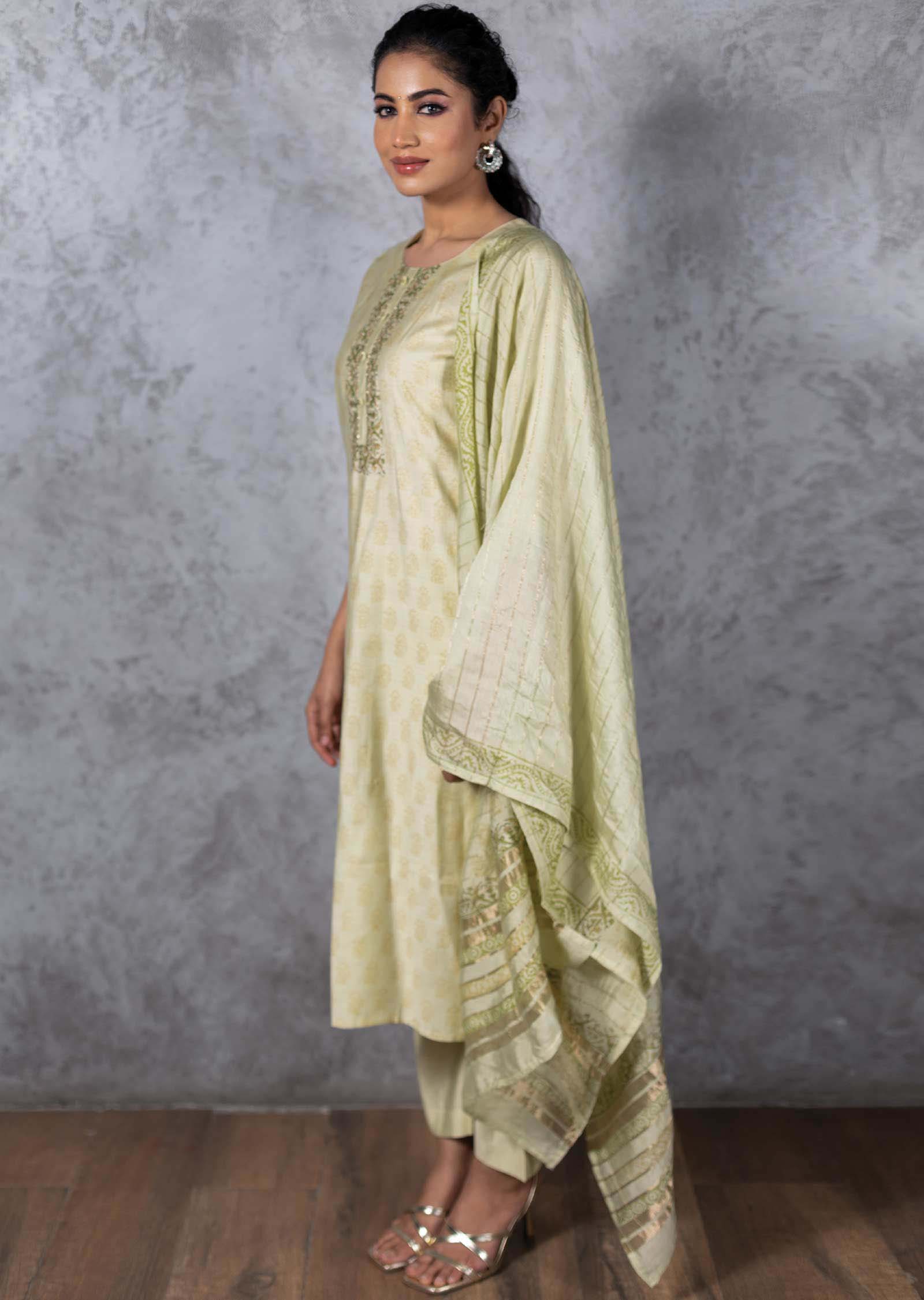 Pista Green Silk Printed Straight cut suits