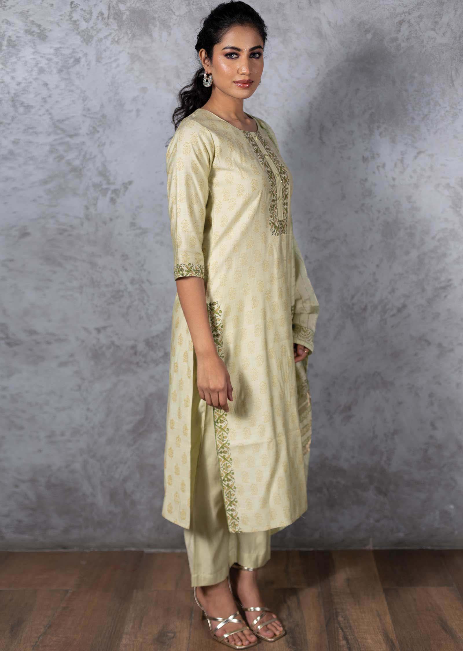 Pista Green Silk Printed Straight cut suits