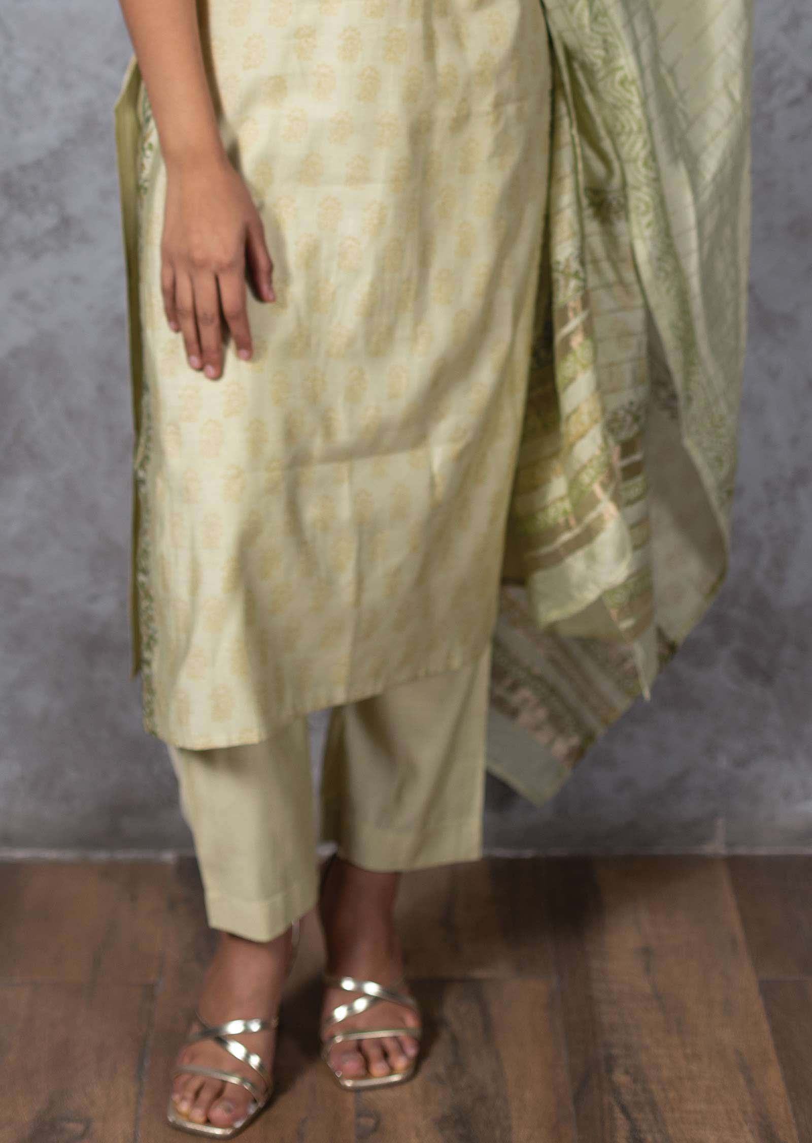 Pista Green Silk Printed Straight cut suits