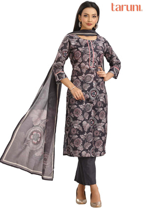 Grey Linen Cotton Embroidered Straight cut suits