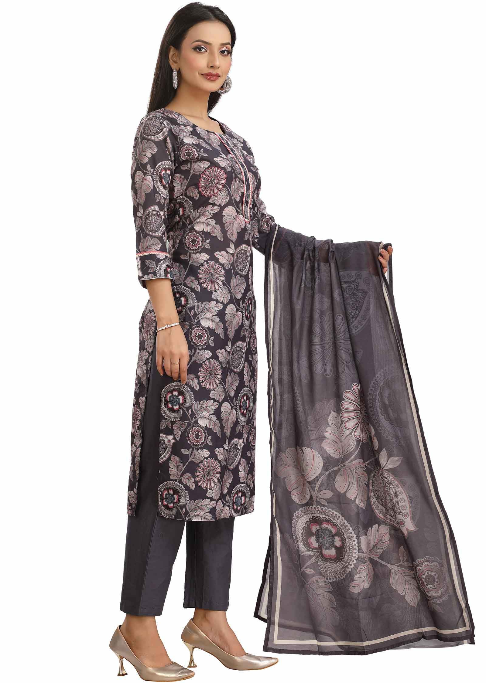 Grey Linen Cotton Embroidered Straight cut suits