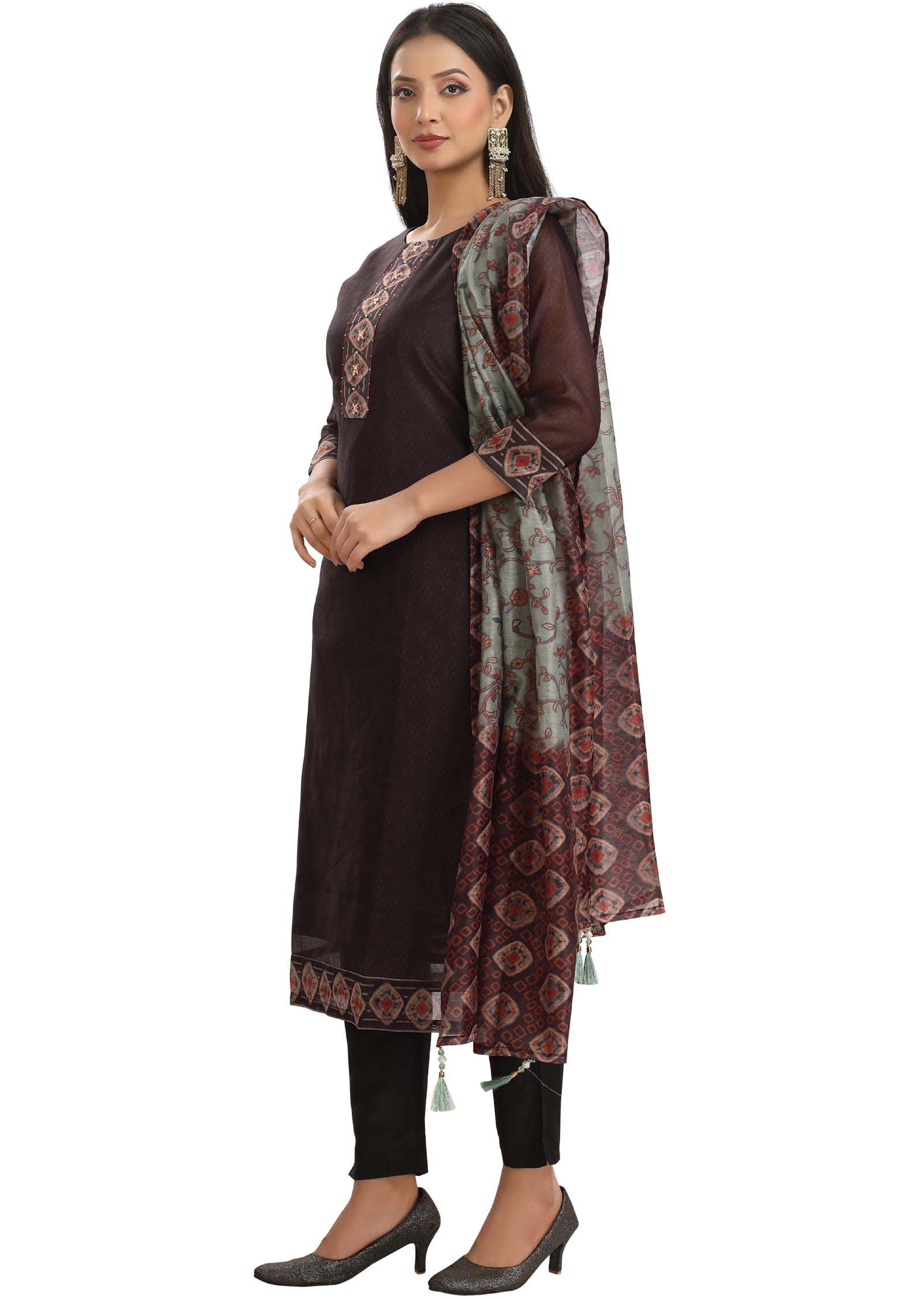 Black Chanderi Embroidered Straight cut suits