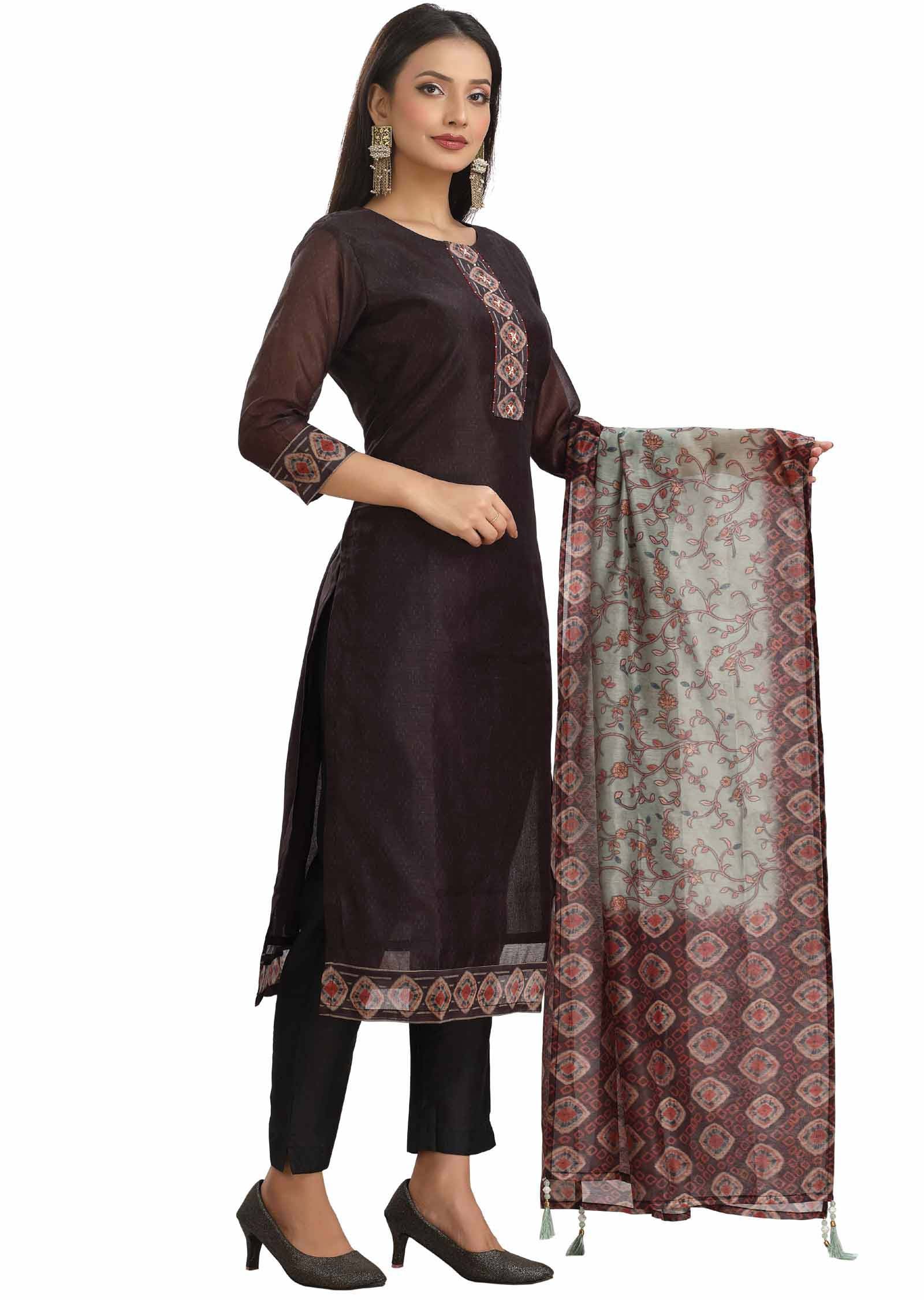 Black Chanderi Embroidered Straight cut suits